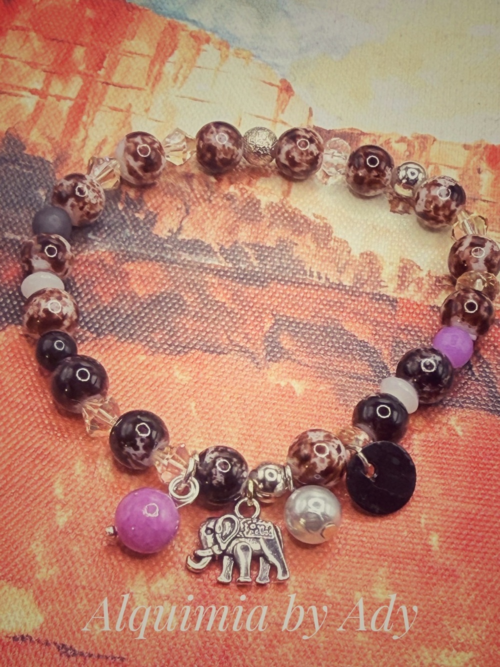Alquimia Brown, Purple and Black Beaded Bracelet with Elephant Charm